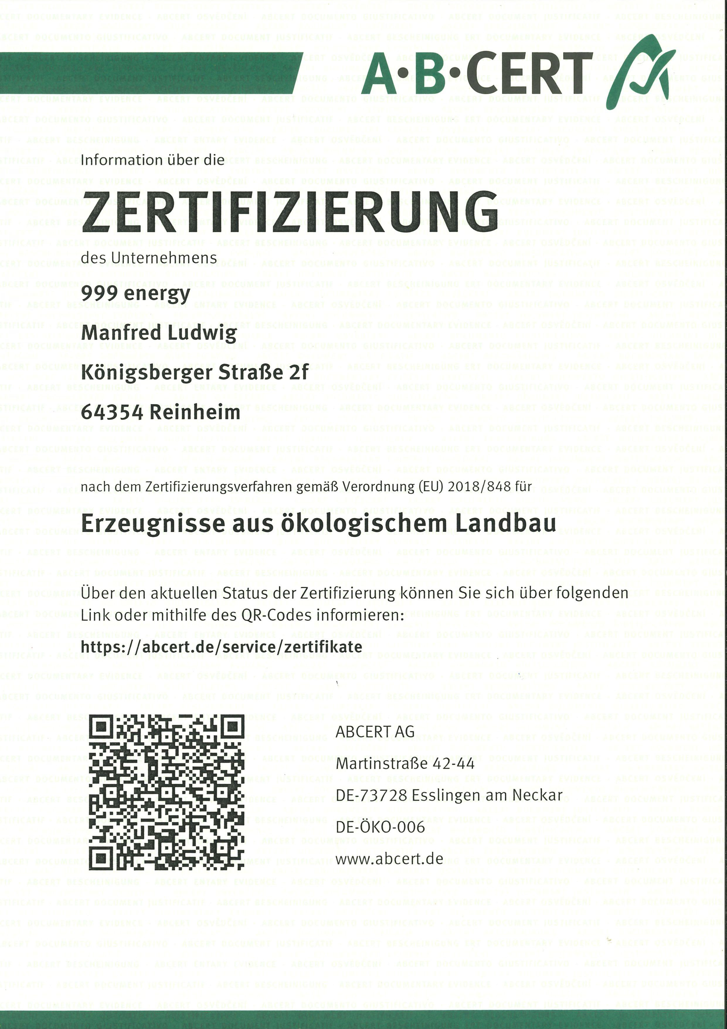 BIO Zertifikat 2024 999energy